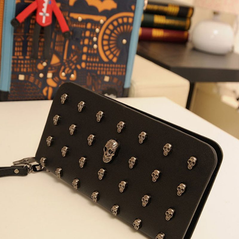 Dámska Peňaženka Vintage Punk Skull Bag Dámske Pu Kožené Peňaženky Dlhá Cestovná Wristet Spojka