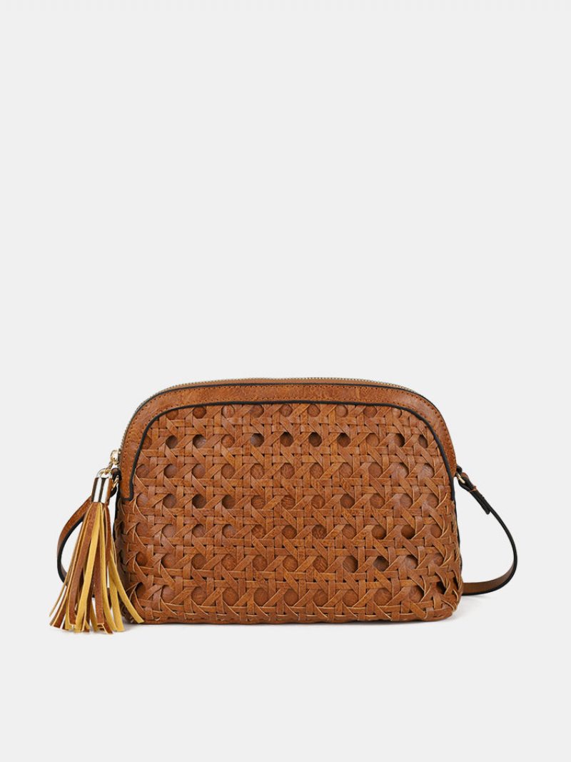 Dámska Umelá Koža Vintage Tessel Veľkokapacitná Crossbody Kabelka Módna Tkaná Taška