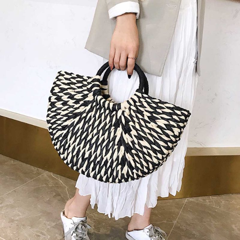 Efektná Elegantná Dámska Kabelka Zo Slamy V Kontrastnej Farbe Minimalist Arch Vacation Beach Hand Bag Pre Ženy