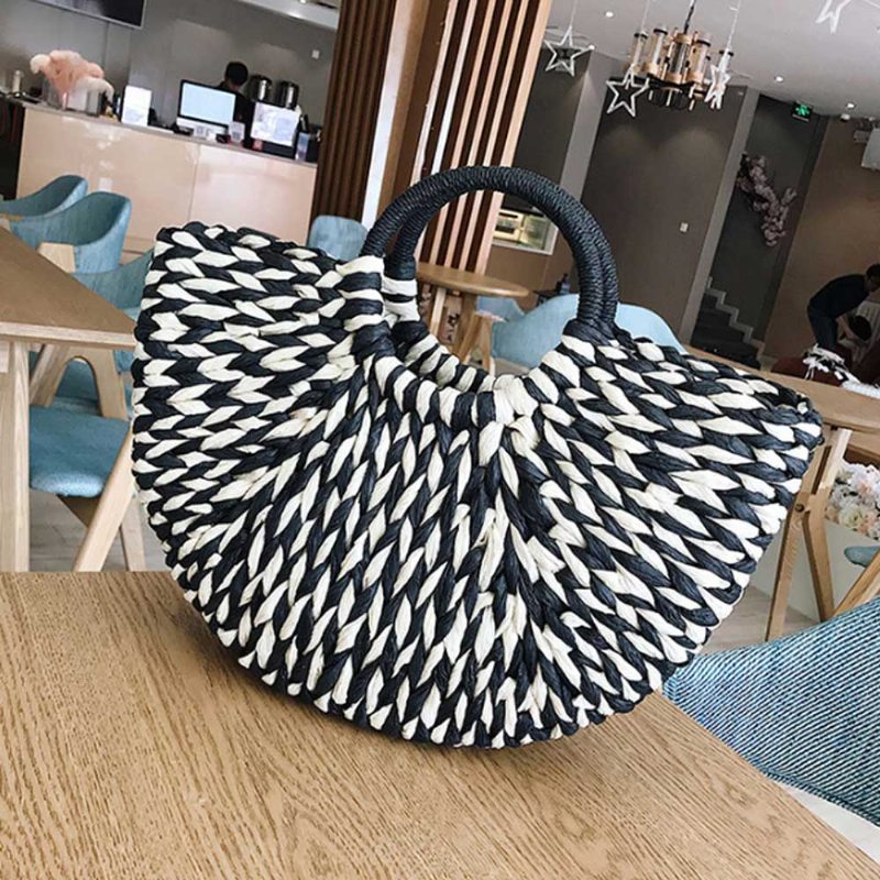 Efektná Elegantná Dámska Kabelka Zo Slamy V Kontrastnej Farbe Minimalist Arch Vacation Beach Hand Bag Pre Ženy