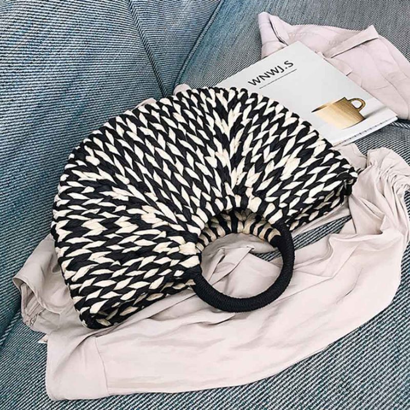 Efektná Elegantná Dámska Kabelka Zo Slamy V Kontrastnej Farbe Minimalist Arch Vacation Beach Hand Bag Pre Ženy