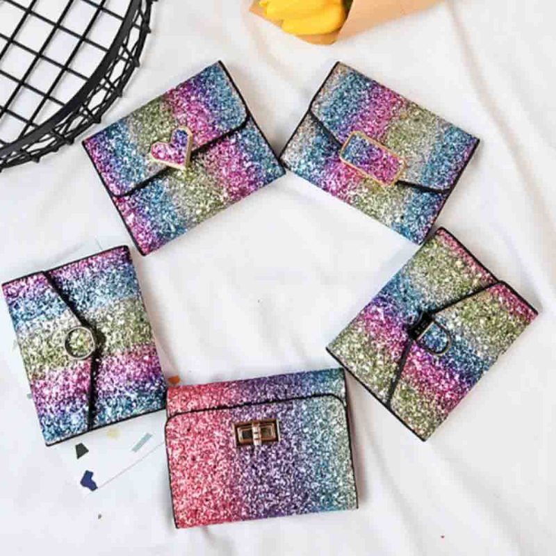 Elegantná Krátka Kabelka Folio Mini Flitre Farebné 3 Sloty Pu Kožená Taška So Spojkou Rainbow Clutch Bag Príslušenstvo Na Večernú Párty