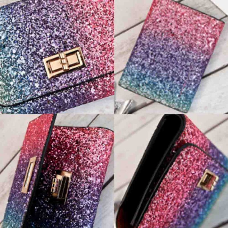 Elegantná Krátka Kabelka Folio Mini Flitre Farebné 3 Sloty Pu Kožená Taška So Spojkou Rainbow Clutch Bag Príslušenstvo Na Večernú Párty