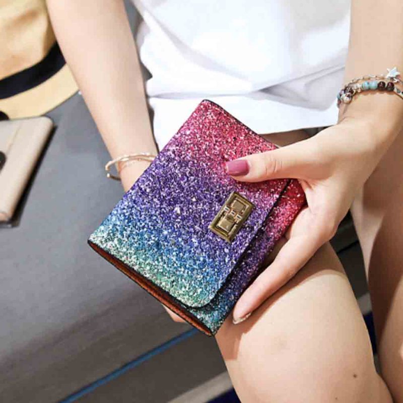 Elegantná Krátka Kabelka Folio Mini Flitre Farebné 3 Sloty Pu Kožená Taška So Spojkou Rainbow Clutch Bag Príslušenstvo Na Večernú Párty