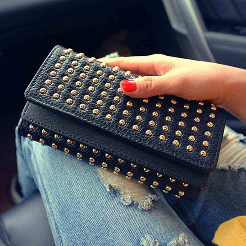 Long Double Cover Clutch New Fashion Women Peňaženka European And American Pop Pun Style Rivet Handbag