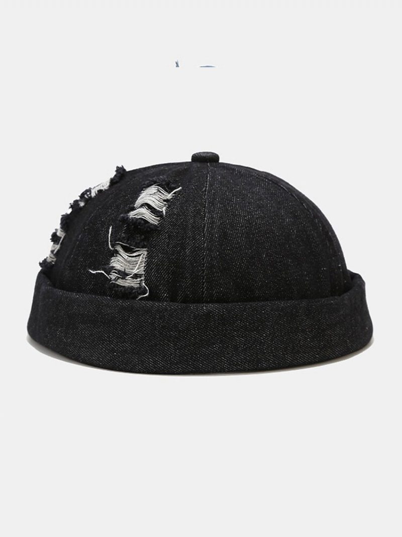 Unisex Denim Rozbité Diery Vyrobené Zo Starej Módy Outdoorová Čiapka Bez Okrajov Landlord Cap Skull Cap