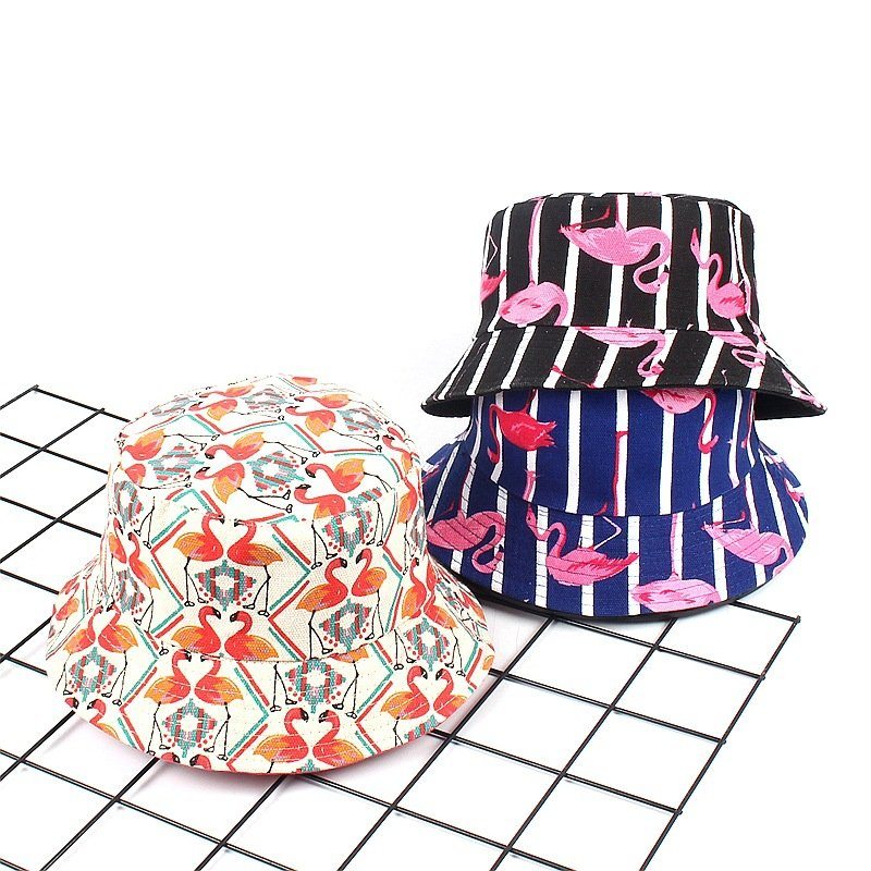 Women Print Flamingo Canvas Bucket Klobúk Vonkajší Slnečník Fisherman Cap